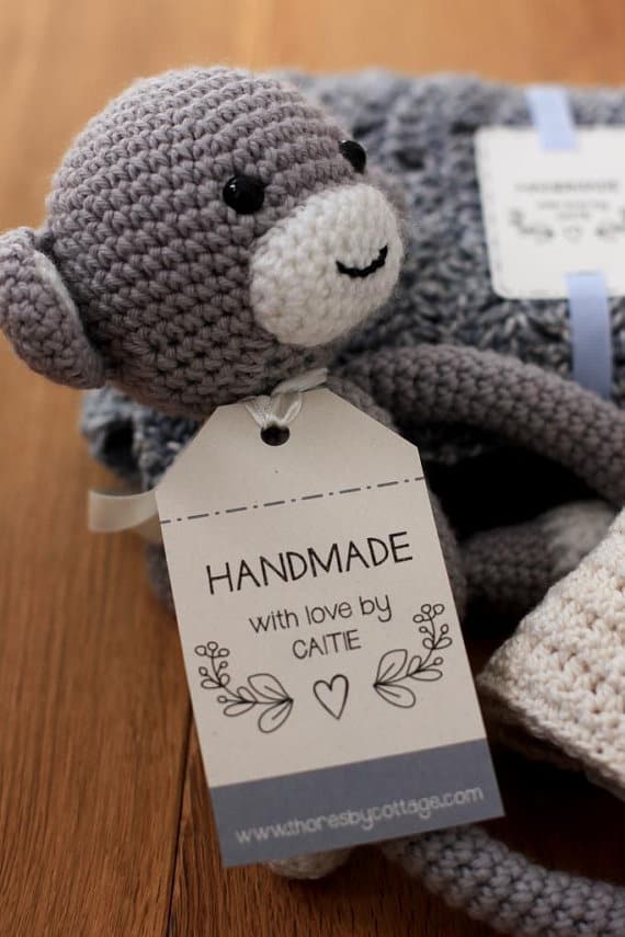 personalized gift tag on crochet monkey