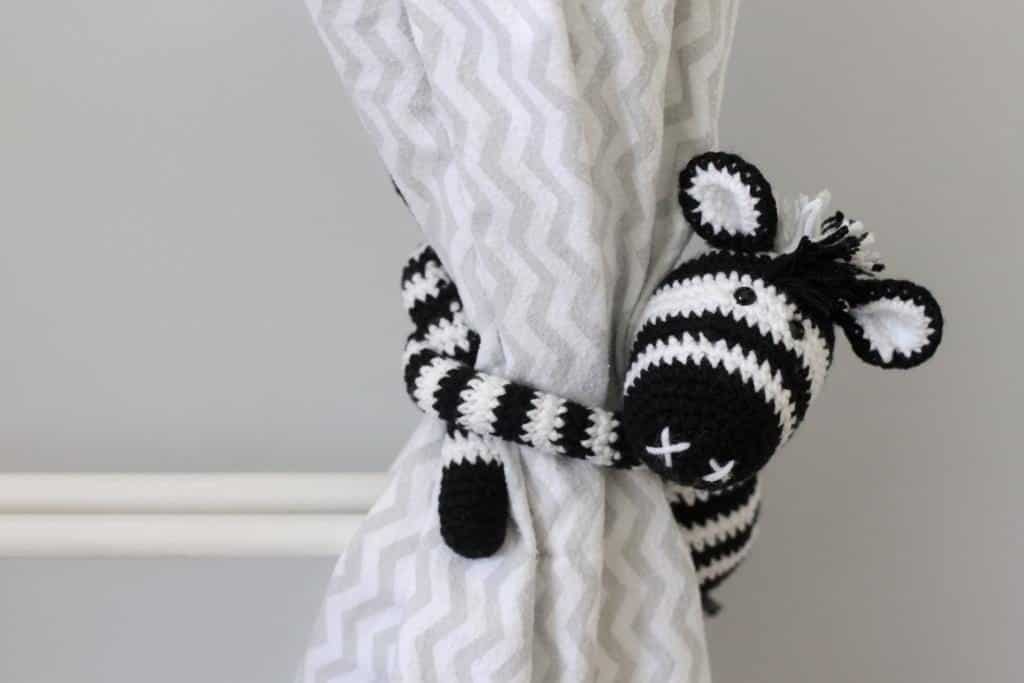 crochet zebra curtain tie back for baby room