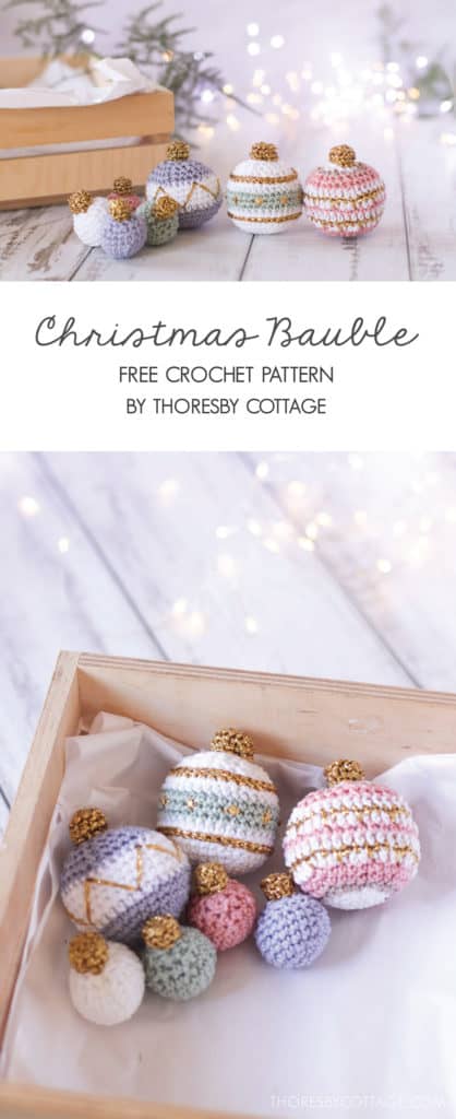 crochet Christmas baubles in pastel colors, gold