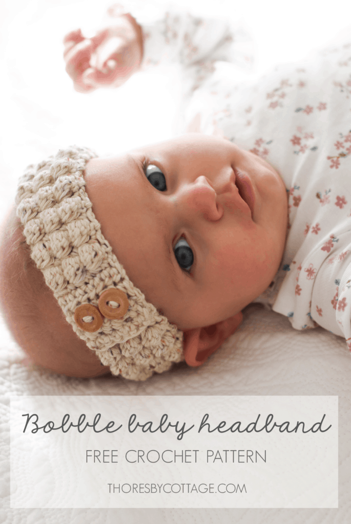 Crochet baby bobble headband, gorgeous baby girl wearing a neutral colored crochet headband with wooden buttons.