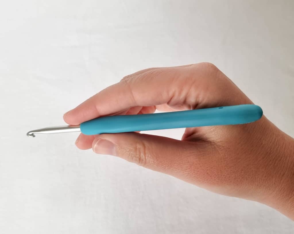 crochet hook held with a pencil grip
