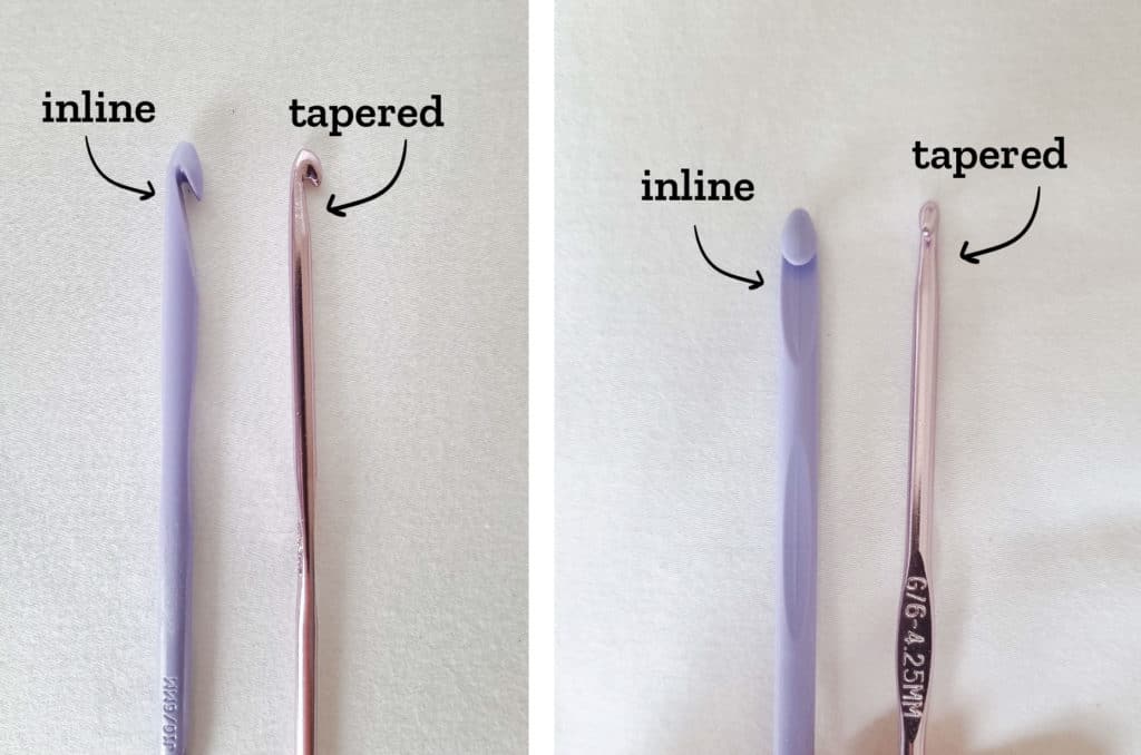 An image showing the difference between inline and tapered crochet hooks